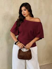 Auralis Plus Size Spring/Summer New Versatile Minimalist Commuter Asymmetric Batwing Sleeve Ruched Waist Fitted Pullover Blouse - Burgundy - View 4