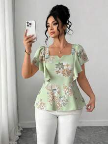 Elenzga Plus Size Women's Mint Green Summer Elegant Tea Party Embroidered 3D Print Ruffle Sleeve Blouse & Pleated Mini Skirt 2-Piece Set,Work,Wedding,Prom - Green - View 3