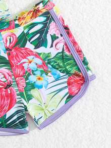 SHEIN Young Girl' One-Piece Swimsuit Set, Taro Purple Solid Color Spliced With Flamingo Tropical Floral Print Design, Matched With The Same Series Printed Shorts, Skin-Friendly And Quick-Drying Fabric, Loose And Comfortable Without Tightness, Suitable For Children's Beach Vacation And Pool Swimming, Creating A Cool And Cute Summer Water Play Outfit For Kids Young Girl Swim Suit Swimming Suits For Girls - Purple - View 5