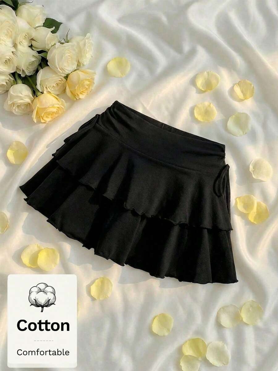 SHEIN MOD 女士纯棉抽绳褶皱细节纯色蛋糕裙，适合夏季、节日、海滩、婚礼、度假、复古风，黑色高腰层叠荷叶边迷你裙，飘逸A字侧系带伞裙，可爱俏皮修身裙，Y2K芭蕾风街头派对风格 - 黑色 - 查看 1