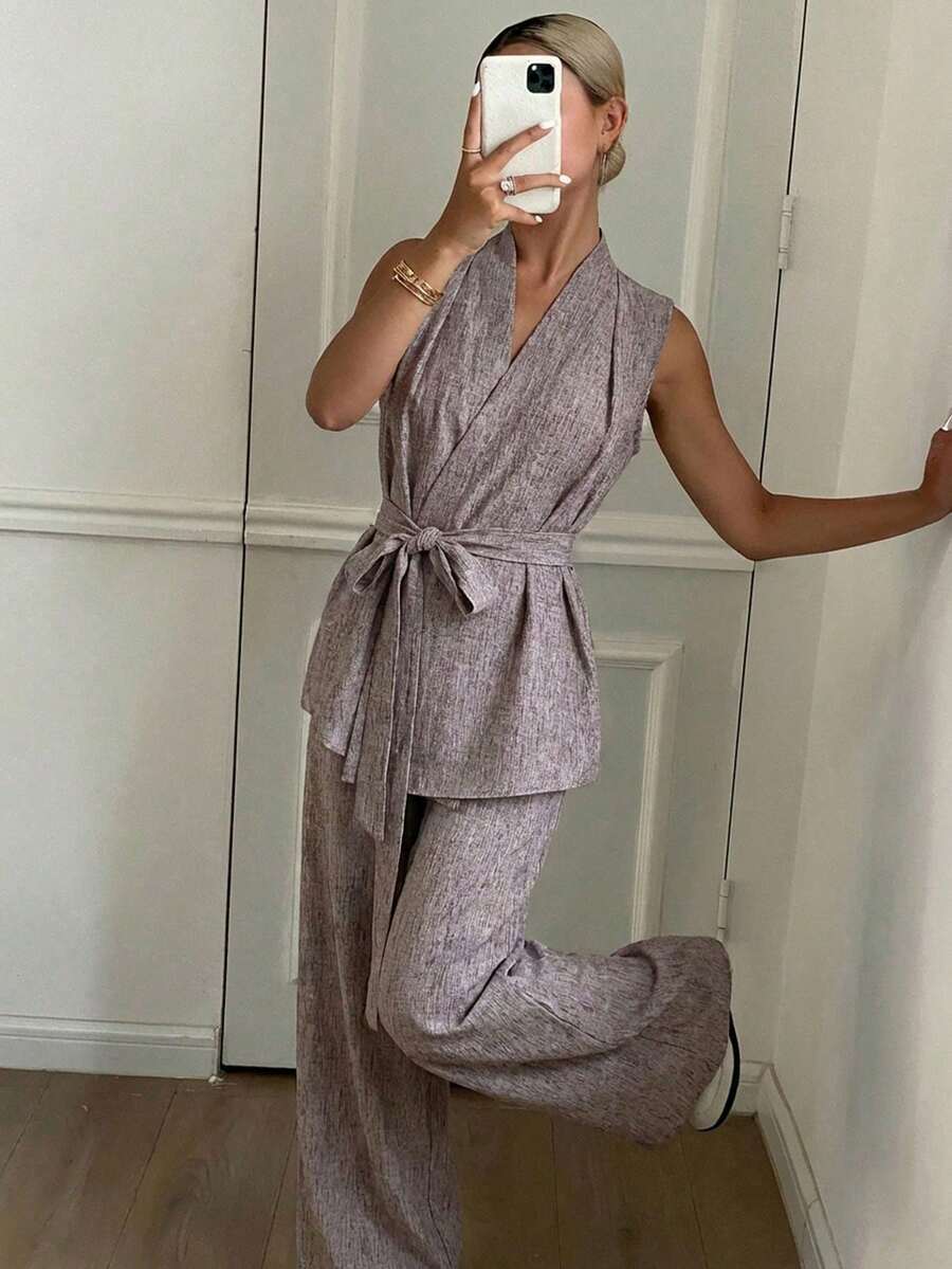 DAZY Conjunto de 2 piezas de camiseta sin mangas con cuello en V y cinturón, y pantalones de pierna ancha de unicolor para mujer, conjunto de ropa de estar en casa para mujer - Marrón - Ver 1