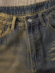 Manfinity Joysei Shorts vaqueros de verano para hombres con contraste de color, shorts vaqueros casuales lavados rectos y holgados con pierna suelta y rotos con contraste de color - Azul lavado medio - Ver 4