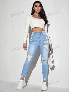 Jeanoix Women's Faded Casual Denim Jeans - Light Wash - View 3