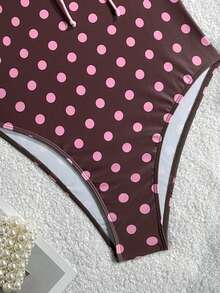 Swim Mod 1件装女士波点深V领荷叶边肩带蝴蝶结装饰可爱泳衣，适合海滩度假，夏季 - 彩色 - 查看 5