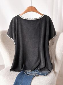 CosyJoli Plus Size Women's T-Shirt, Washed Black Snowflake Casual Top Spring/Summer Outfit Women Casual Dress For Women Cute Casual Tops Casual Tops Women Women Cute Tops - Black - View 2