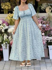 GalTyme 大码女式碎花系带多功能沙滩裙 - 藍色 - 查看 7