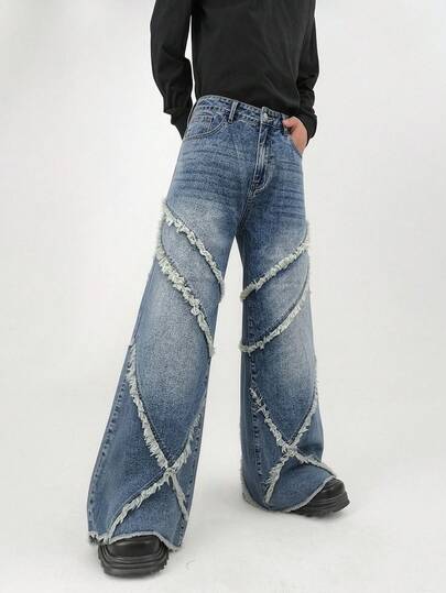 Manfinity EMRG Men's Casual Washed Distressed Wide Leg Jeans