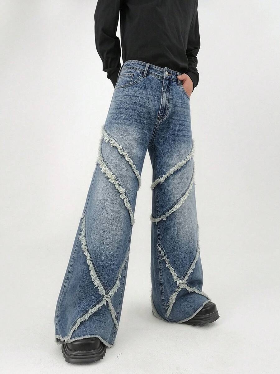 Manfinity Roghcode Jeans anchos casuales lavados y desgastados para hombres - Azul - Ver 1