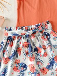 SHEIN Tween Girl Orange Tank Top With Colorful Leaf Print & Loose Shorts Set, Vacation Style, Suitable For Summer & Beach - Orange - View 3