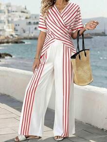 SHEIN Holidaya Women's Elegant Casual Vacation Striped 2 Pieces Set - Red - View 3