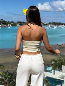 Aloruh Áo nữ cổ buộc dây, bèo nhún, kiểu dáng thường ngày, đa năng. - Màu vàng - Xem 7