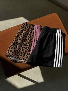 Comfortcana 2pcs Women's Casual Leopard Print Color Block Brown Black Loose Knit Patchwork Plus Size Shorts,Summer Hiking Beach Vacation Bohemian Style Shorts - Multicolor - View 7