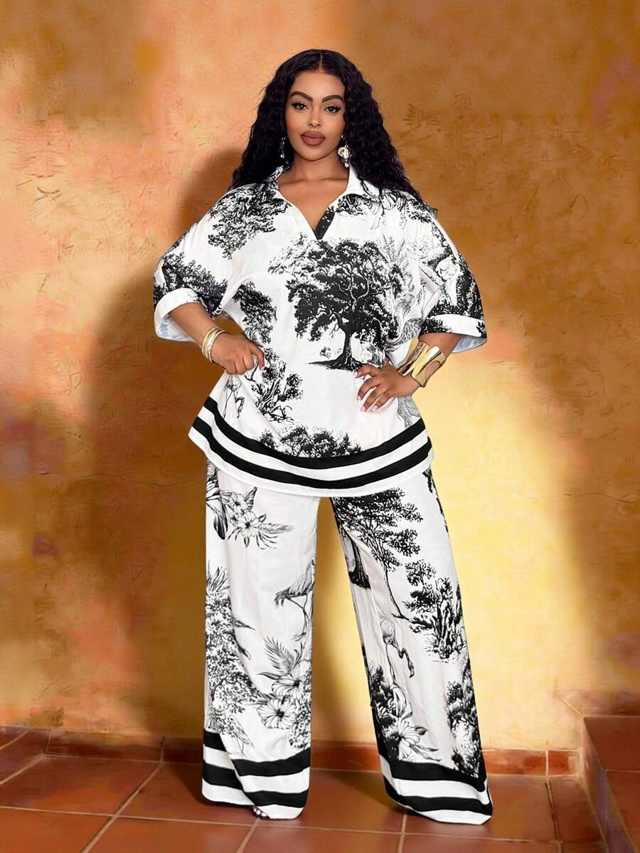Veslaya 2026 Spring/Summer Plus Size Women's Music Festival, Easter, Western, Nomadic, Birthday Party, Graduation, College, Student, Daily Casual, Basic, Vacation, Cruise, Beach, Sunbathing, Viral, Streetwear, Wedding Guest, Commute, Brunch, Airport, Party, Holiday, Elegant Gala, Ball, Relaxed V-Neck Printed Short Sleeve Top And Wide Leg Pants 2-Piece Set
