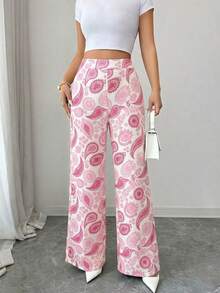 Elenzga 休闲印花高腰直筒女裤，优雅春夏度假装扮，时尚粉色印花女裤 - 粉色 - 查看 5
