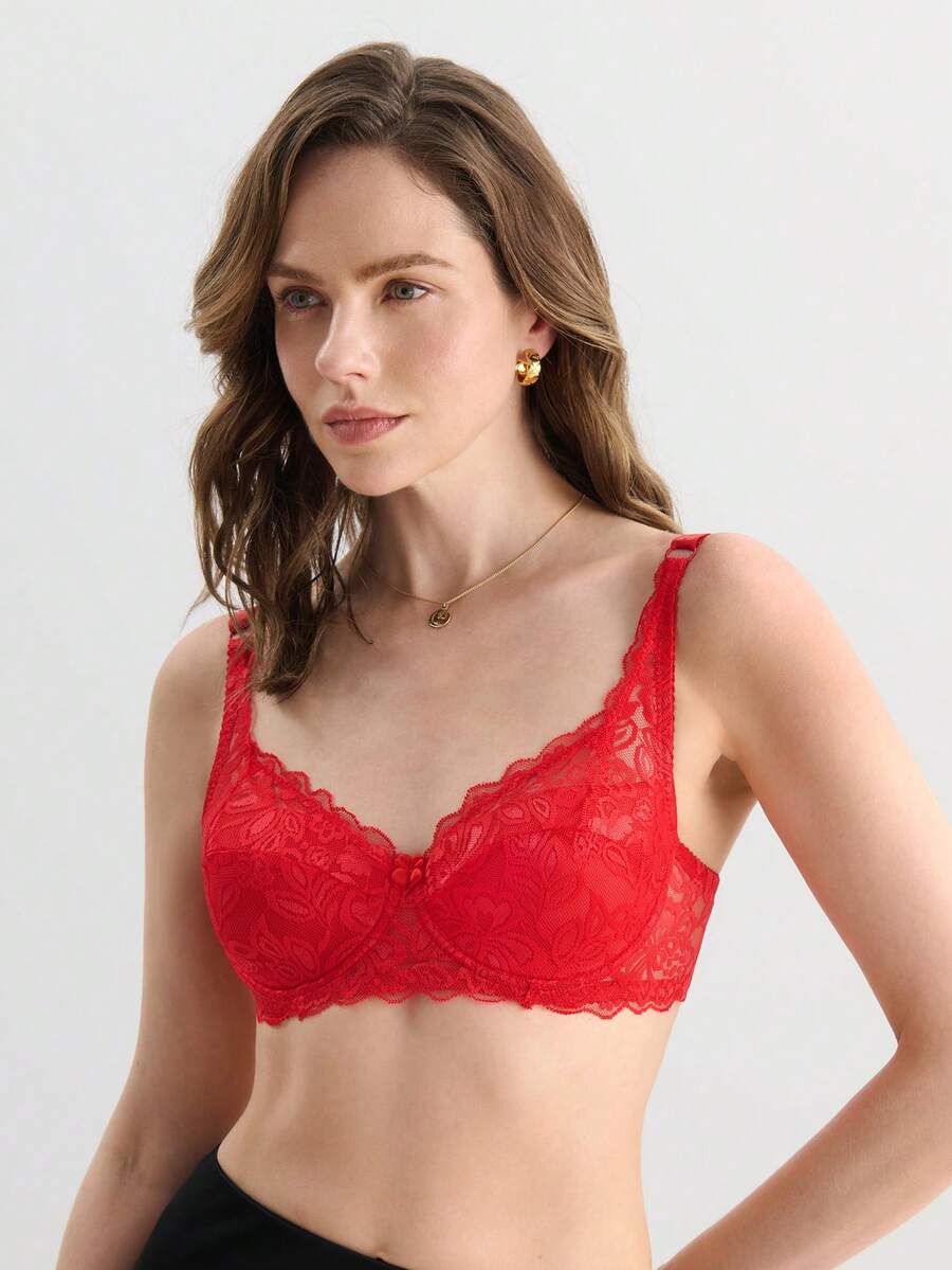 Hourtrue 蝴蝶結細節蕾絲鋼圈內衣夏季內衣 - 紅色 - 查看 1