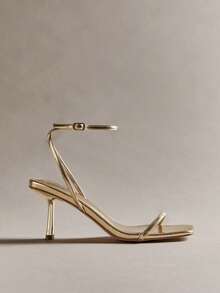 Hauture Giày cao gót mũi vuông thời trang nữ màu vàng nhạt, quai đeo mắt cá chân, khóa cài, dự tiệc xuân hè - Vàng - Xem 1