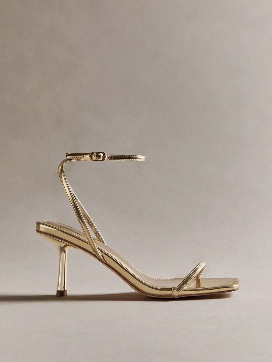 Hauture Giày cao gót mũi vuông thời trang nữ màu vàng nhạt, quai đeo mắt cá chân, khóa cài, dự tiệc xuân hè - Vàng - Xem 1