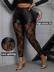 Maweii Plus Size Women's Sexy Lace & PU Leather Splicing Tight Elastic Leggings, Black, Suitable For Going Out In Autumn/Winter - Black - View 1