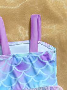 Baby Girl Cute Fish Scale Print Contrast Mesh Ruffle Trim One-Piece Swimsuit - Purple - View 5