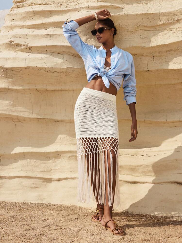 SHEIN Maija Women's Vacation Beach Fringe Hem Knit Skirt,White Skirts,Summer Outfits ,Festival Outfits ,Beach Outfit For Women