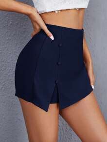 SHEIN Essnce Women's Solid Color Casual Versatile Daily Wear Skorts - Navy Blue - View 3
