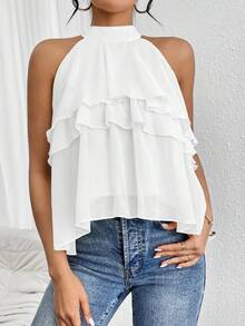 Firerie Women's Solid Color Ruffle Neck Casual Versatile Daily Wear Blouse,Summer Top - White - View 4