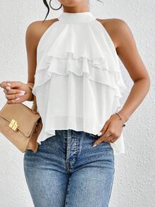 Firerie Women's Solid Color Ruffle Neck Casual Versatile Daily Wear Blouse,Summer Top - White - View 7