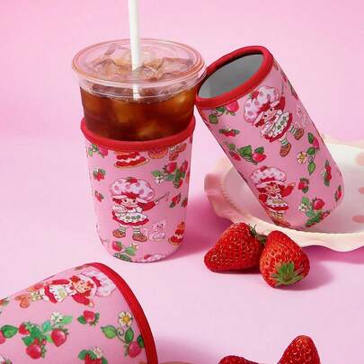 Strawberry Shortcake X SHEIN 1Pc Strawberry Printed Fabric Cup Holder, Thermal Insulation Material, Reusable, S/M/L Three Sizes, Suitable For Different OZ Coffee Cups
