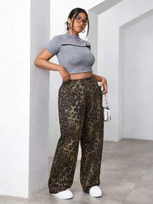 SHEIN ICON Plus Size Women Loose Fit Leopard Print Wide Leg Casual Jeans Brown Spring - Brown - View 5