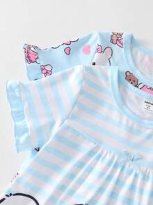 2-Piece Girls Toddler White Fairy Night Short Sleeve Nightgown Skirt Cartoon Rabbit & Bear Print Pajamas Ruffle Hem Soft Knit Sleepwear Homewear Set - Baby Blue - View 5
