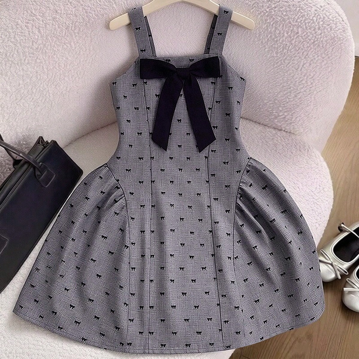 Vestido gris vintage con tirantes de lazo para niñas (talla pequeña), vestido de verano de estilo retro francés, vestido elegante para fiestas al a