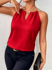 Rafferiza Trang phục công sở nữ mùa tựu trường thanh lịch, phong cách cổ điển, 2 trong 1: Áo vest công sở thường ngày, áo kiểu dây xích, áo cổ yếm, áo không tay, áo kiểu nữ màu đỏ, trang phục Zoey, quần áo YTK, áo có khóa kéo, quần áo nữ Zante Holiday Outfit - Đỏ - Xem 5