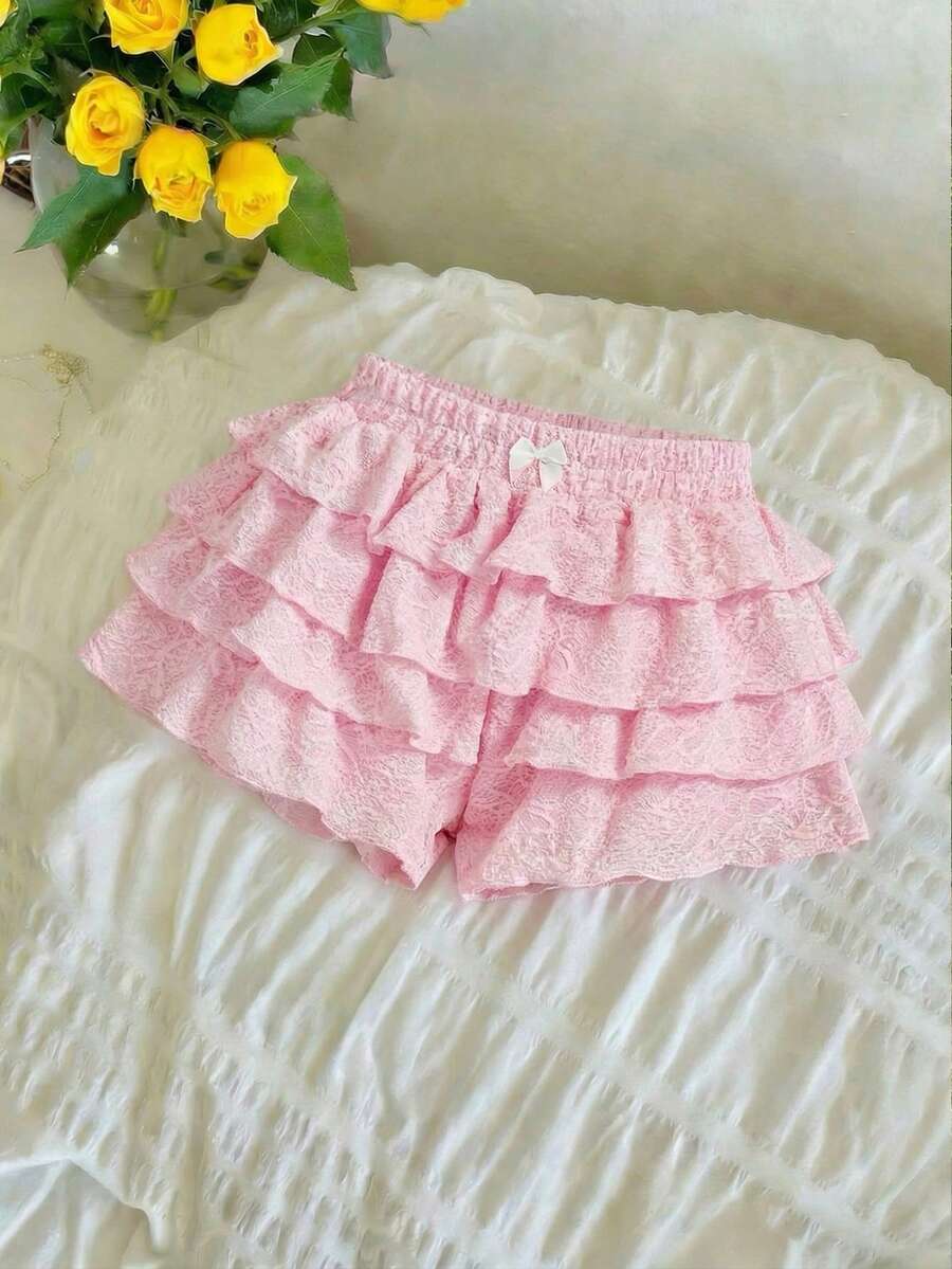 SHEIN MOD 女士荷叶边蝴蝶结装饰松紧腰休闲短裤 - 粉色 - 查看 1