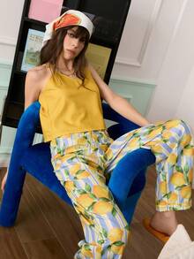 Casual Vacation Contrast Stripe & Lemon Print Camisole Pajama Set For Women - Multicolor - View 5