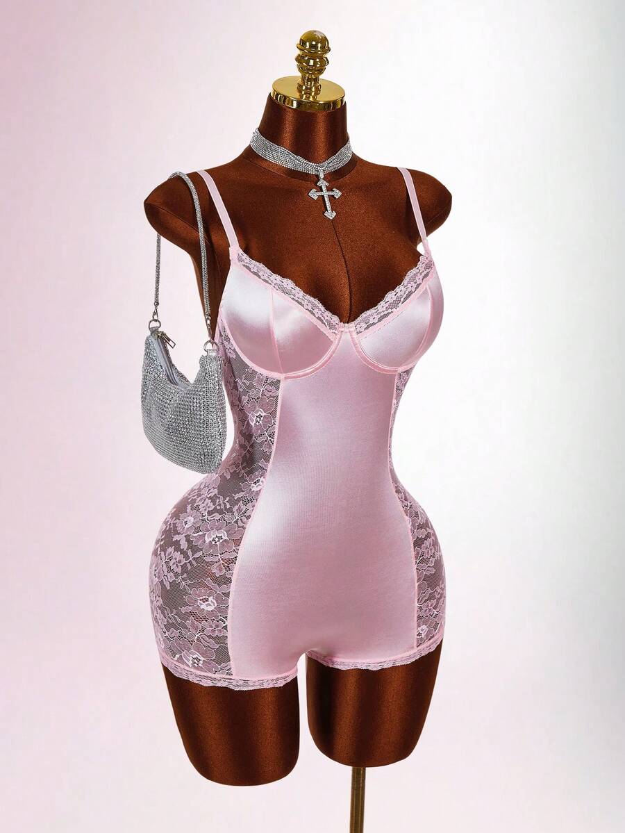 Amplova 性感撞色蕾丝腰部连体裤（女款） - 粉色 - 查看 1