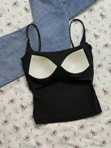 Attitoon Áo hai dây mùa hè dành cho nữ, kiểu dáng đơn giản, màu trơn, chất liệu dệt kim gân, có đệm mút, thích hợp mặc đi làm hàng ngày. - màu đen - Xem 3