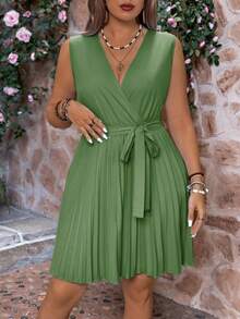 Cravure Plus Size Women Solid Color Crossed V-Neck Sleeveless Casual Dress - Army Green - View 1
