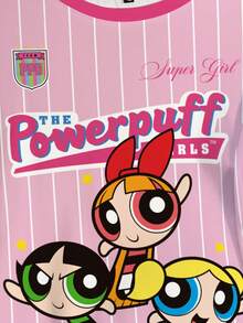 THE POWERPUFF GIRLS X SHEIN Áo thun ngắn tay cổ tròn kẻ sọc chữ và hoạt hình dành cho nữ cỡ lớn, đa năng, thích hợp mặc hàng ngày. - trắng - Xem 5