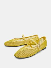 Bailarinas de malla para mujer, cómodas y transpirables con punta cuadrada, zapatos planos con suela suave y de moda - Amarillo - Ver 6