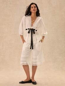 Easelle Áo kiểu lãng mạn cổ chữ V, thắt eo, phối ren Bohemian cổ điển dành cho nữ. - trắng - Xem 7