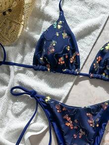 Costavie 两件套彩色亮片特殊面料三角杯文胸和侧系带泳裤性感比基尼套装，春夏款 - 藏蓝色 - 查看 3