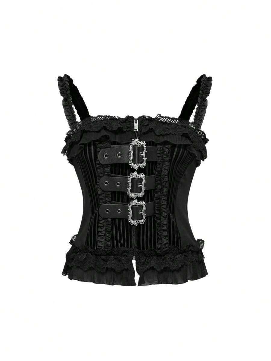ROMWE Áo camisole cỡ lớn kiểu Gothic giả da phối ren và nhiều mảnh vải - màu đen - Xem 1