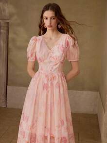 MOTF PREMIUM VESTIDO DE VERANO 2025 DE MUJER CON ESTAMPADO, CUELLO EN V Y ENCAJE FRANCÉS PARA VACACIONES - Rosa Pálido - Ver 4