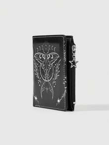 ROMWE Fairycore 1Pc Gothic Witchcraft Moonlight Moth Wallet - Celestial Moon Phase Printing Double Folding Wallet With Star Pendant Creative Design Pattern Pentagram - black and white moth - View 2
