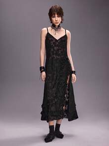 ROMWE Avant Đầm maxi nữ dây mảnh, xẻ tà cao bất đối xứng, xếp nếp, phủ ren. - màu đen - Xem 6