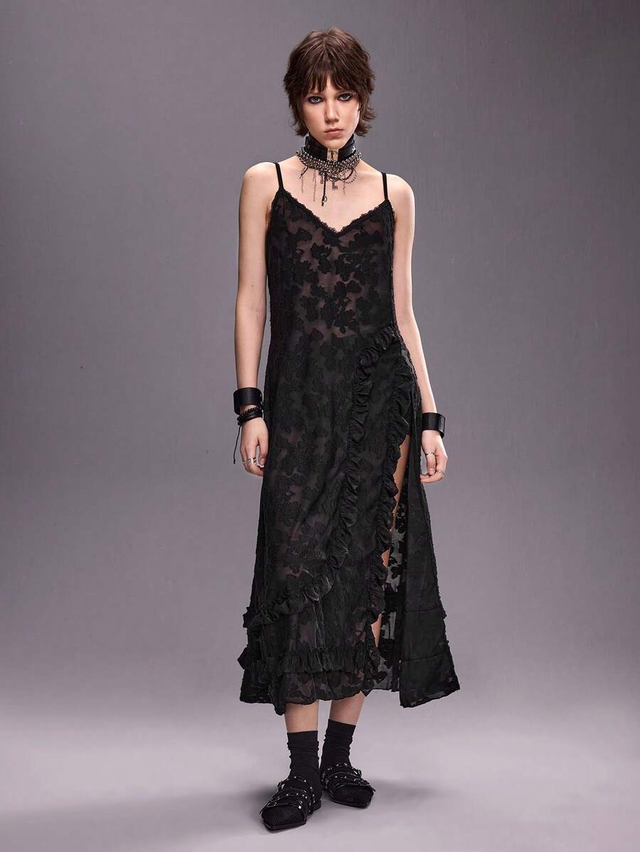 ROMWE Avant Đầm maxi nữ dây mảnh, xẻ tà cao bất đối xứng, xếp nếp, phủ ren. - màu đen - Xem 1