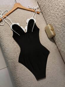 GlowEve Women's Elegant Sexy Black And White Bodysuit,Handmade Floral Bowknot Strap French Style, Contrast Color Design For Summer,Party Beach Night Vacation - Black and White - View 2