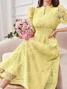 Modelyn 優雅黃色蕾絲拼接鈕扣細節收腰長洋裝，秋季泡泡袖女款晚宴派對與婚禮賓客長裙 - 淡黃色 - 查看 9