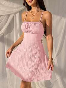 SHEIN EZwear 浅粉色编织露背纯色吊带连衣裙（女款） - 淺粉色 - 查看 5