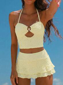 Bellisia Bộ bikini nữ màu trơn, chất liệu vải có họa tiết, trang trí kim loại, thích hợp cho bãi biển và khu nghỉ dưỡng. - Màu vàng - Xem 4
